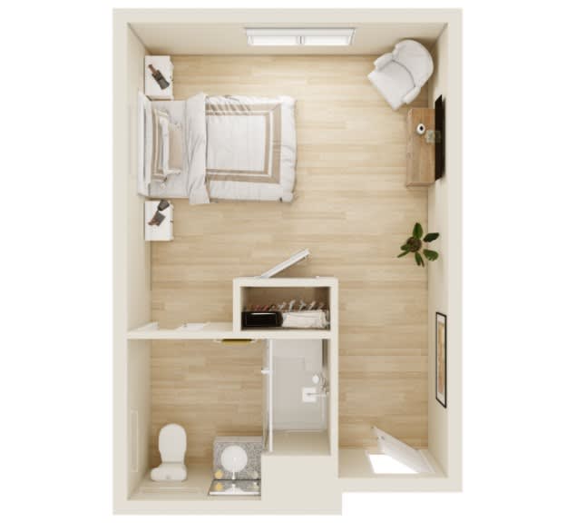 A minimalist bedroom floor plan featuring a bed, desk, chair, plant, and bathroom.