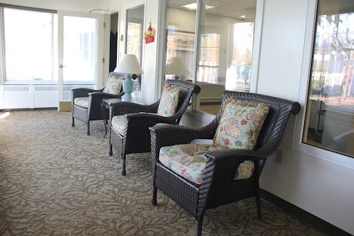 A cozy seating area featuring three stylish chairs with floral cushions.