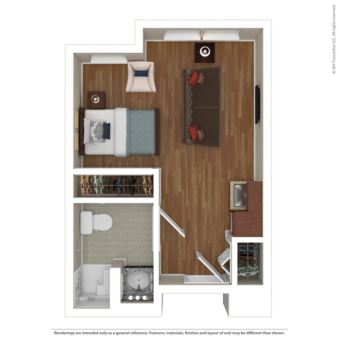 A floor plan of a studio apartment featuring a combined living and bedroom area, kitchen, and bathroom.