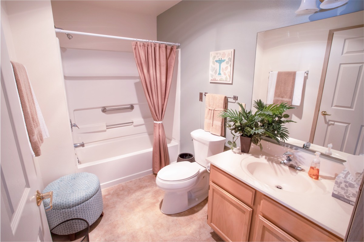 A neatly organized bathroom featuring a shower with a pink curtain, a toilet, and a vanity with a mirror and decorative plants.