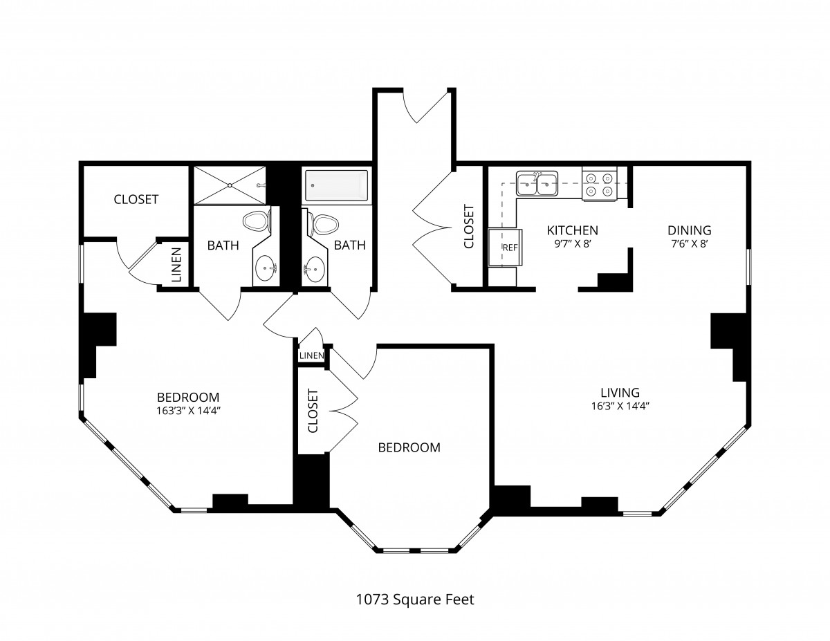A detailed floor plan of a two-bedroom apartment with labeled rooms and dimensions.