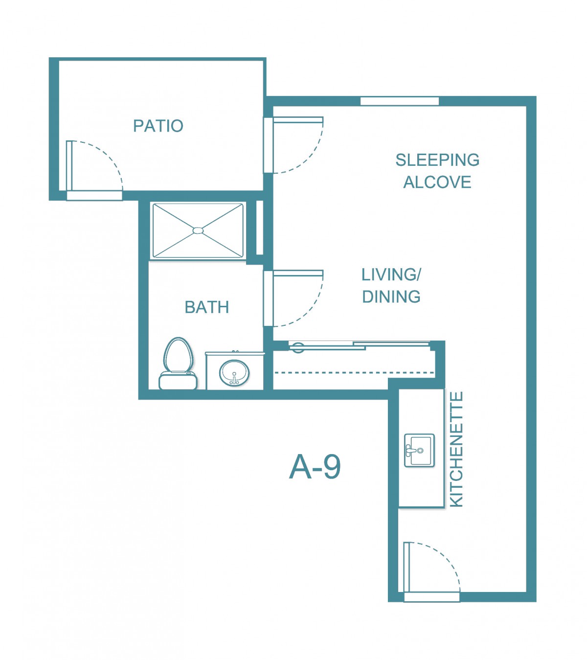 Studio apartment floor plan with living space, sleeping alcove, bath, and kitchenette.