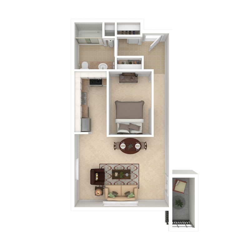 A floor plan of a one-bedroom apartment featuring a living room, kitchen, dining area, and bathroom.