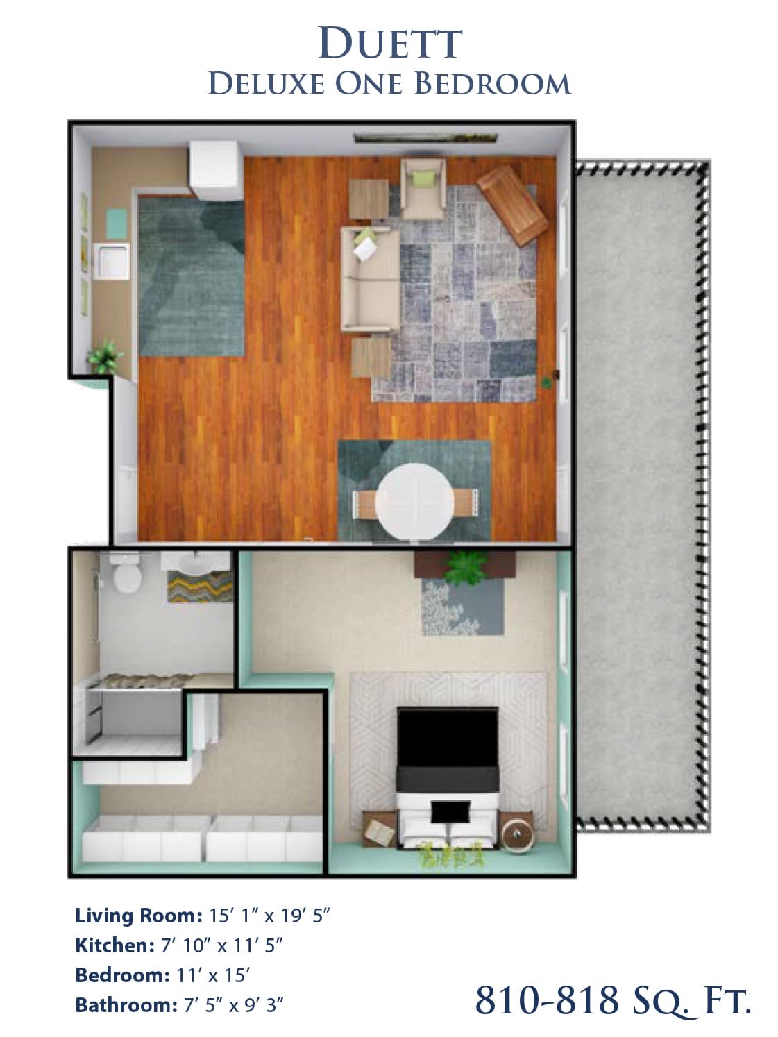 An overhead view of a compact apartment floor plan featuring a living room, kitchen, bedroom, and balcony.