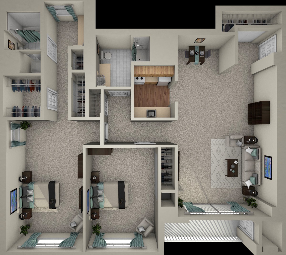 A detailed floor plan showing the layout of a modern apartment, including bedrooms, living room, kitchen, and bathroom areas.