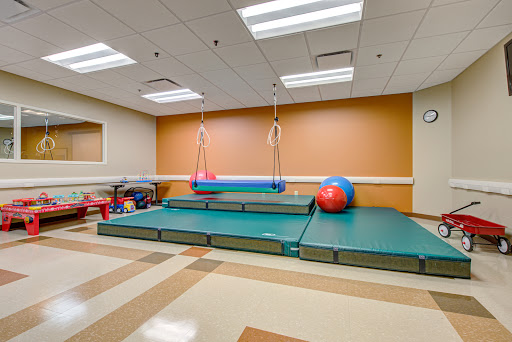 A vibrant and inviting therapy gym equipped with mats, colorful exercise balls, and swinging apparatus for physical activity.