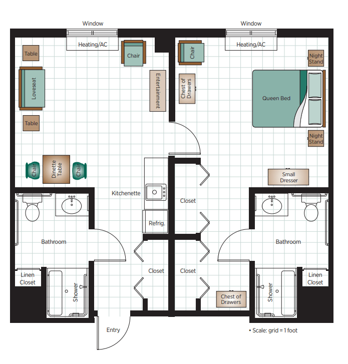 A floor plan of a two-bedroom apartment featuring two bathrooms, a living room, and a kitchen area.
