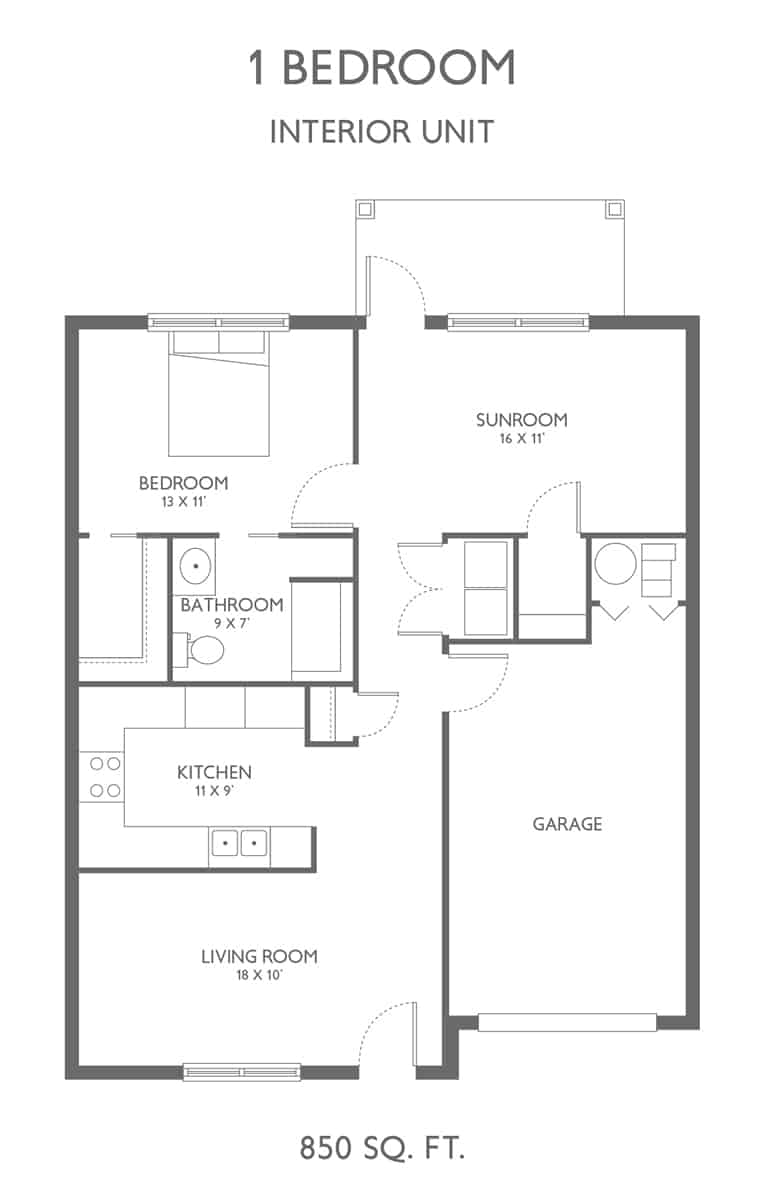 A detailed floor plan of a one-bedroom apartment featuring a kitchen, living room, bathroom, and balcony.