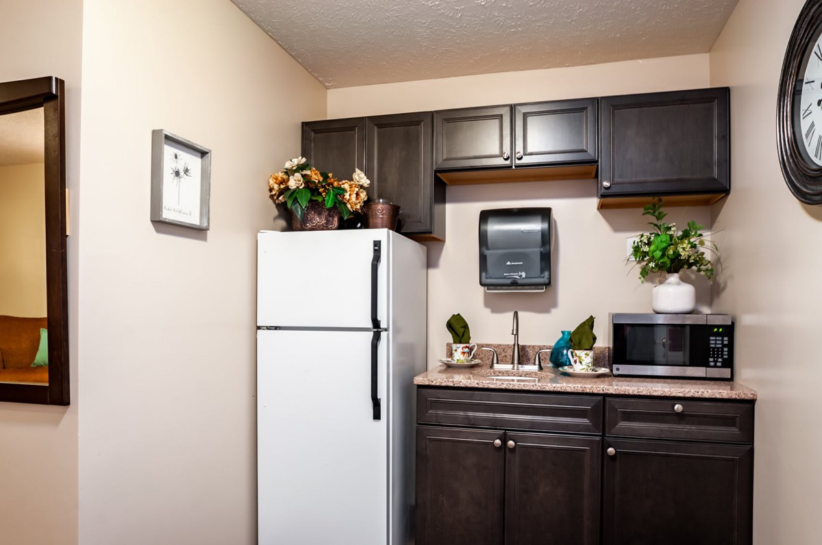 A small kitchen area with dark cabinets, a white refrigerator, and decorative plants on the countertop.