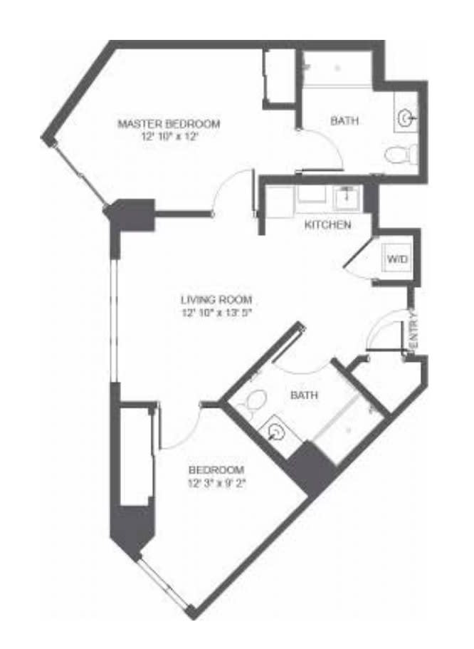 A floor plan of a two-bedroom apartment with specified dimensions.