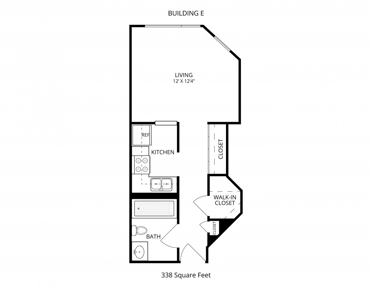 Floor plan of a 1-bedroom studio apartment with kitchen and bathroom areas.