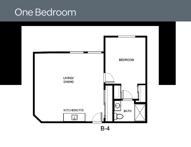 A floor plan of a one-bedroom apartment featuring a living area, kitchenette, bathroom, and bedroom.