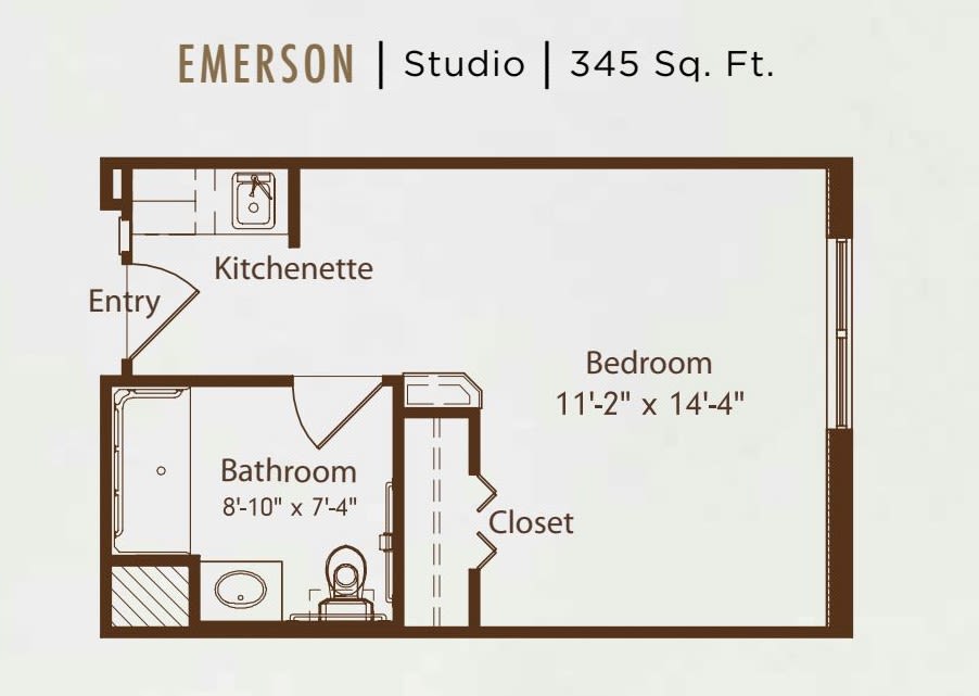 Studio apartment floor plan for 'Emerson' with a total area of 345 square feet, featuring a kitchenette, bathroom, closet, and bedroom.