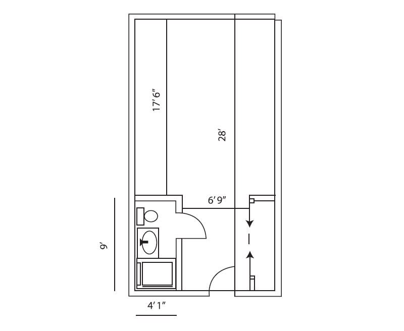 A floor plan depicting a rectangular room layout with specific measurements, including a small bathroom and entryway.