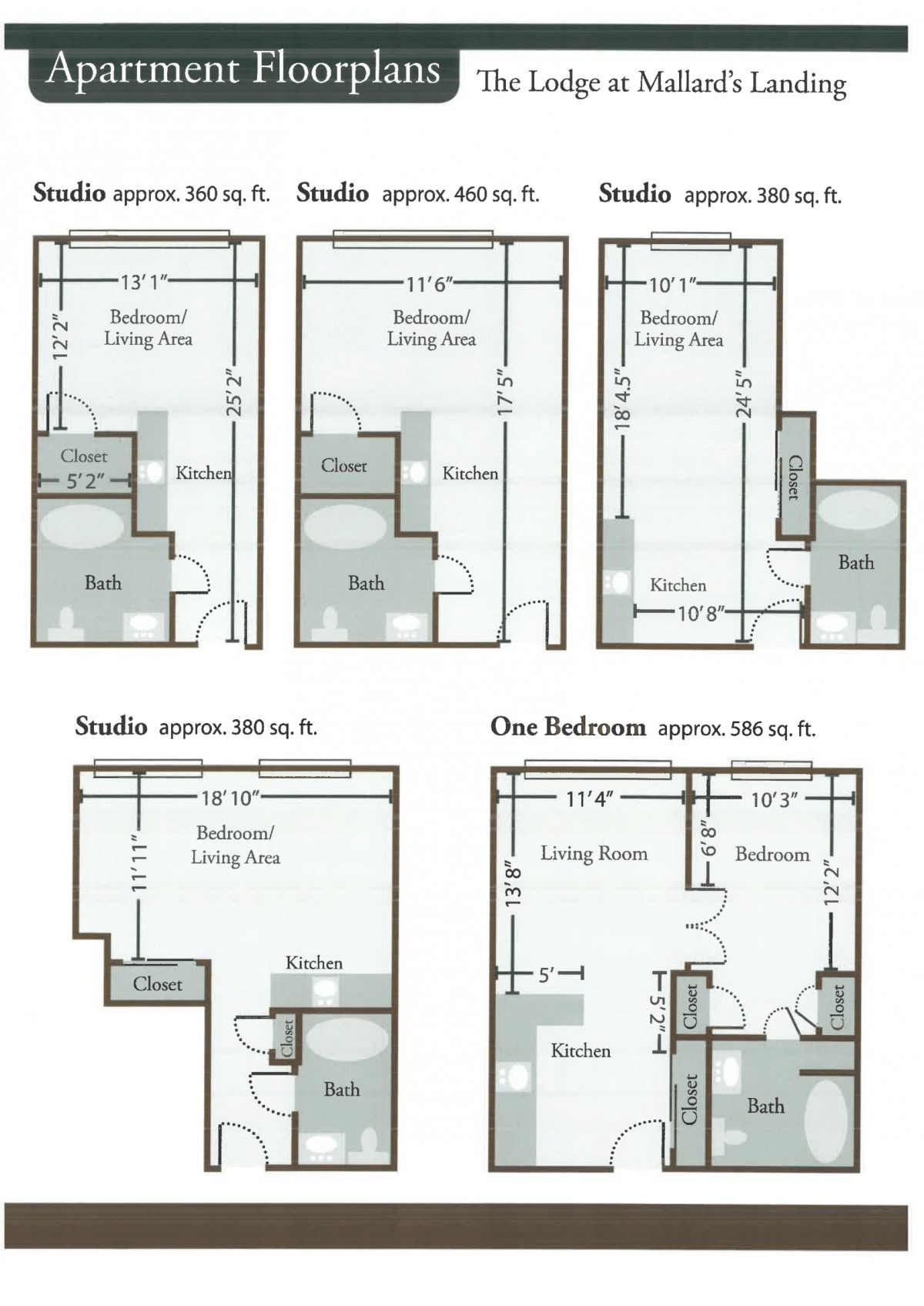A collection of different floor plans for studio and one-bedroom apartments.