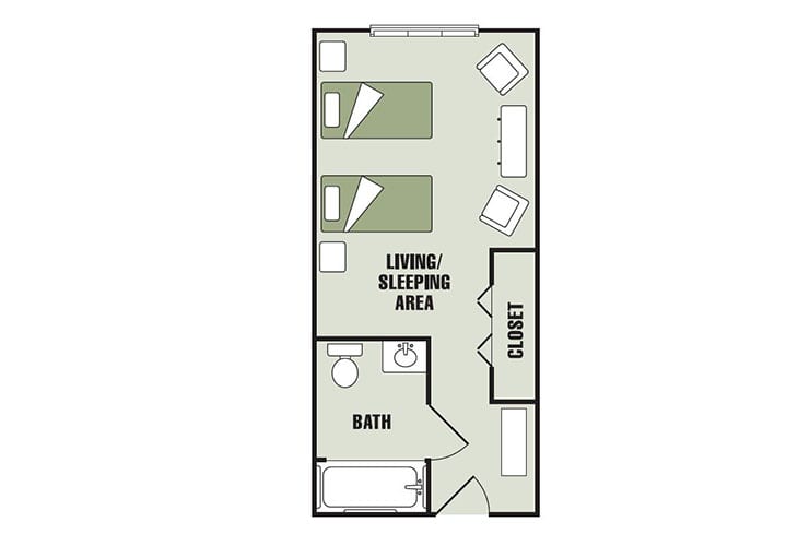 A floor plan of a studio apartment featuring a combined living and sleeping area, a bathroom, and a closet.