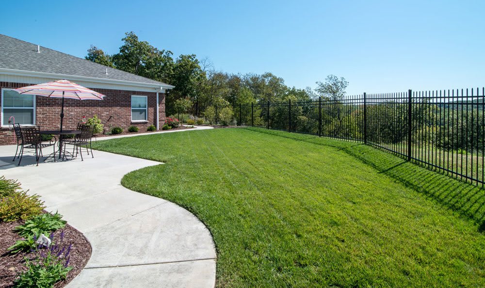 A well-maintained yard with a green lawn and a nearby house, enclosed by a fence under a clear, sunny sky.