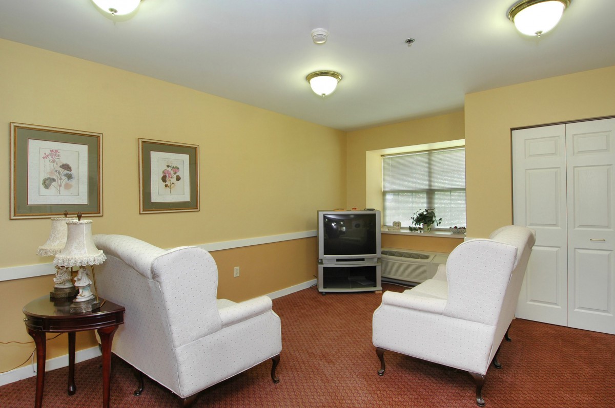 A cozy living room with two white armchairs facing a television, complemented by artwork on the walls and natural light from a window.