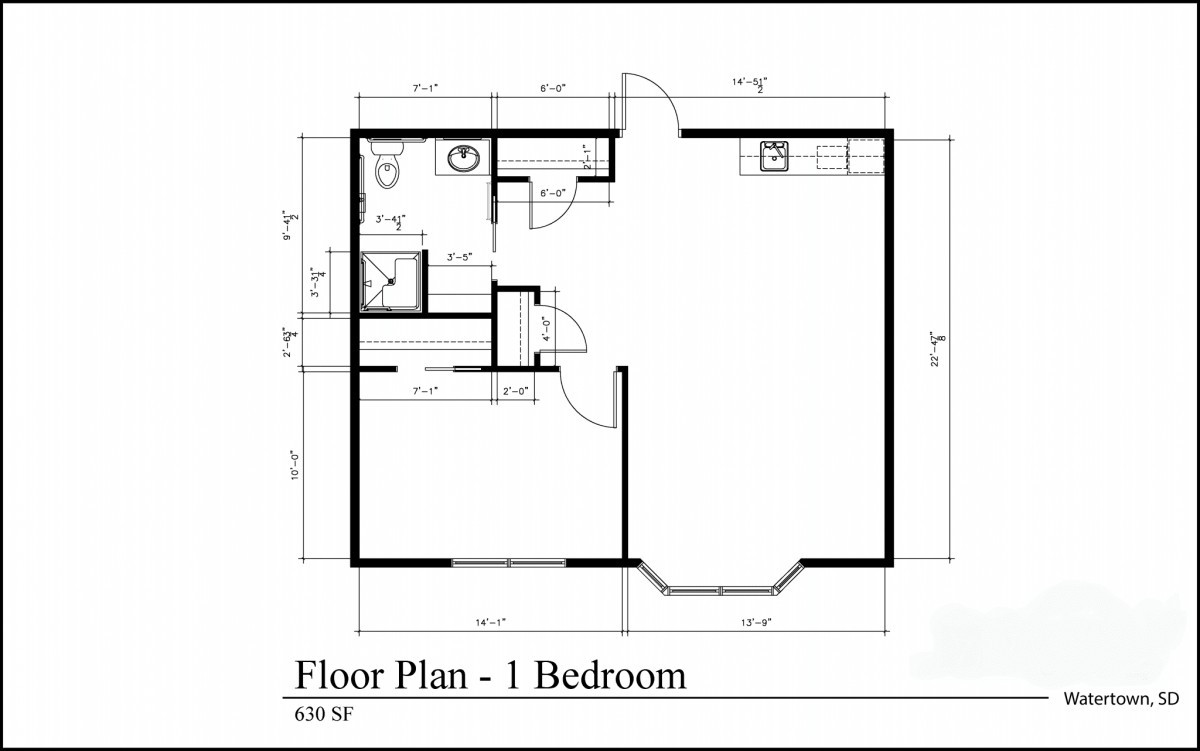 Floor plan of a one-bedroom apartment.