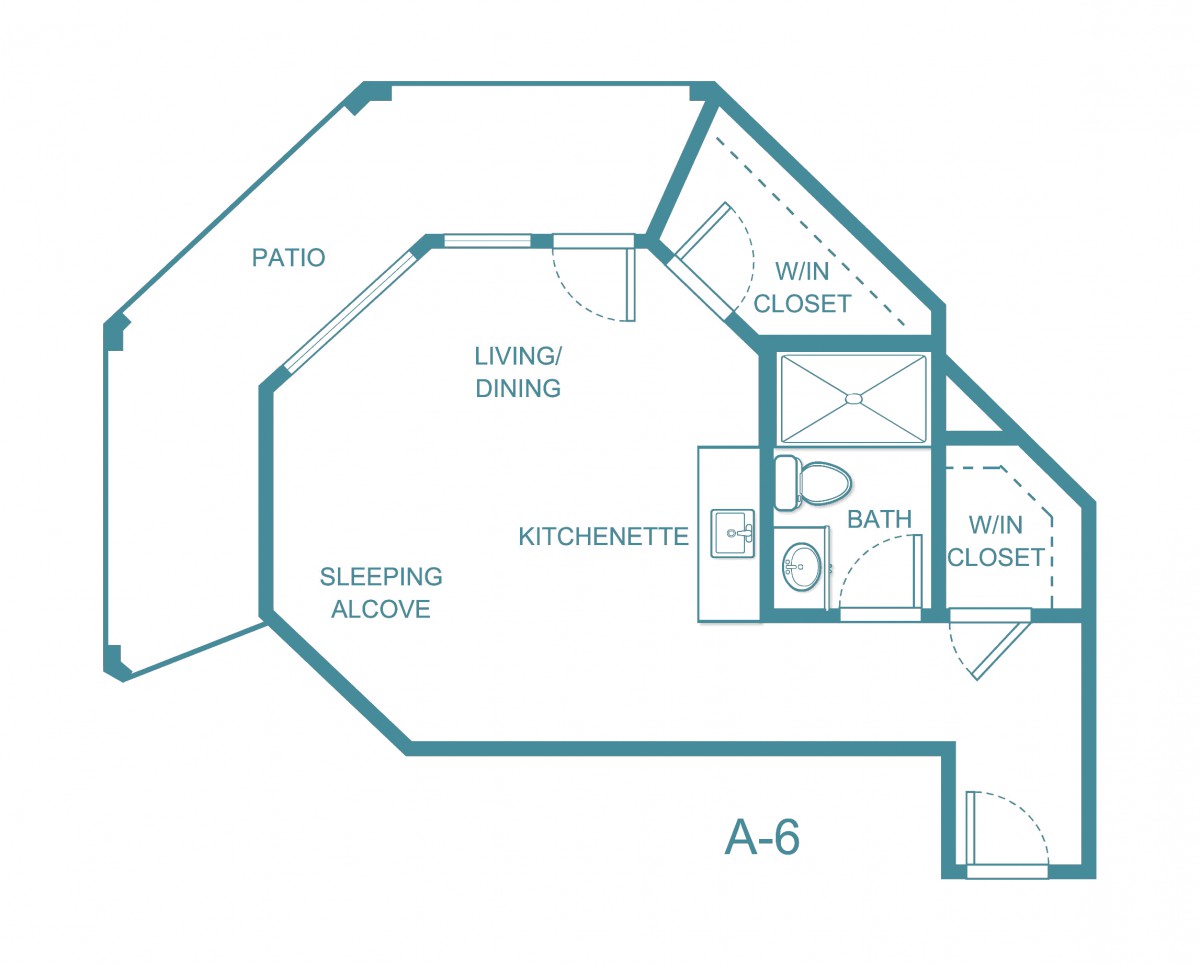 A blueprint of a studio apartment featuring a living space, kitchenette, sleeping alcove, and bathroom.