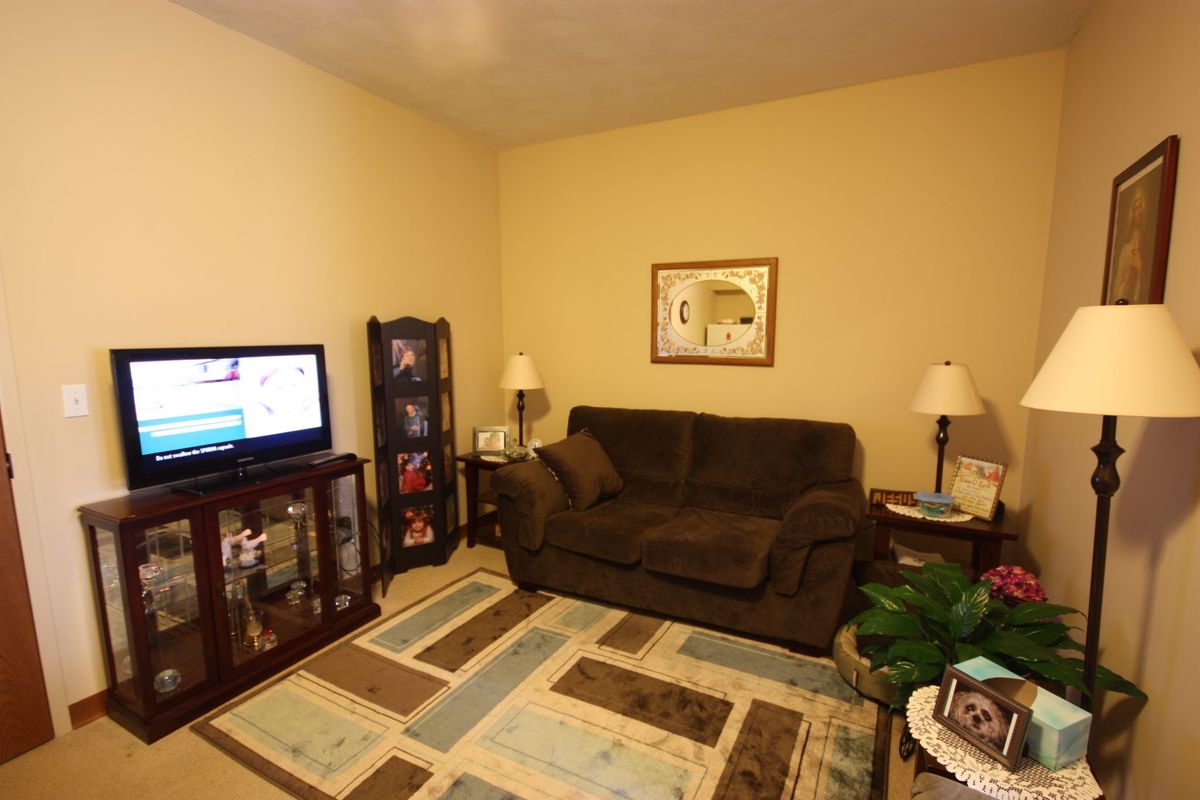 A cozy living room with a sofa, television, and decorative items.