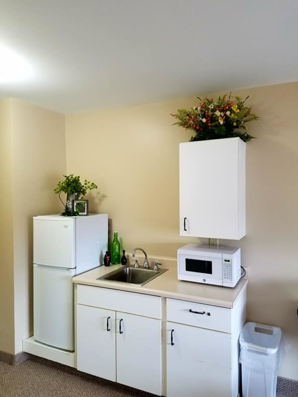 A compact kitchen area featuring a refrigerator, sink, microwave, and decorative plants.
