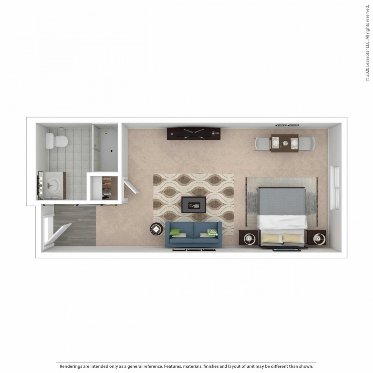 A studio apartment floor plan featuring a living area, bed, and bathroom.
