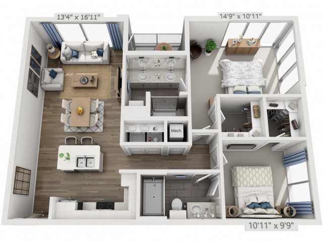 A detailed floor plan of a modern two-bedroom apartment with an open living area and kitchen.