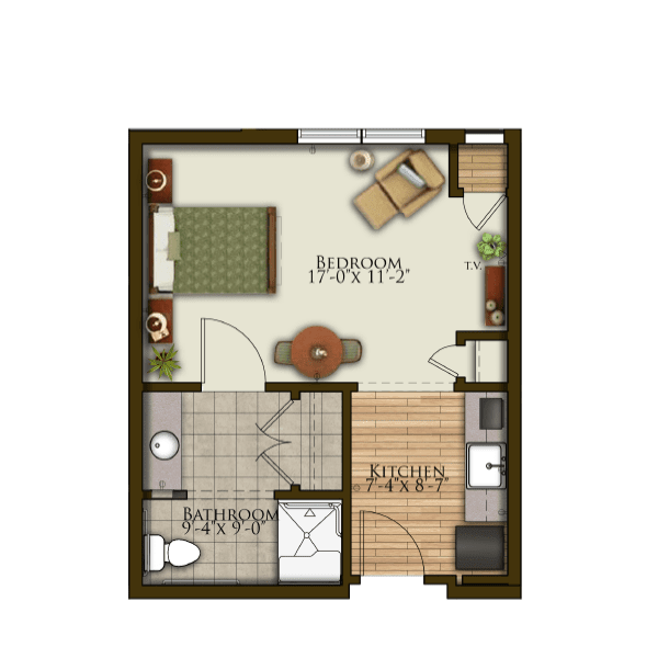 A floor plan of a one-bedroom apartment showing the layout of various rooms.