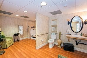 Spacious bathroom with wooden flooring and elegant decor.