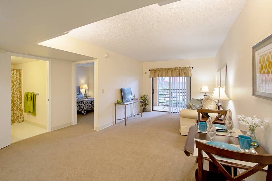 A spacious living room with a dining area and a TV in an apartment.