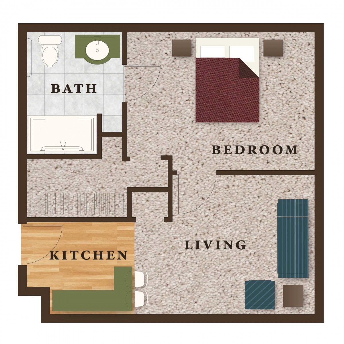 A one-bedroom apartment floor plan with a bathroom, kitchen, and living room.