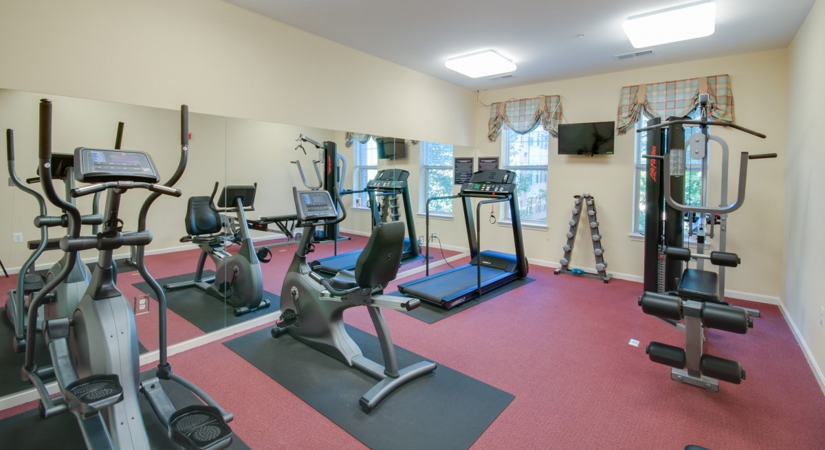 A compact gym room featuring treadmills, a stationary bike, and a set of weights.