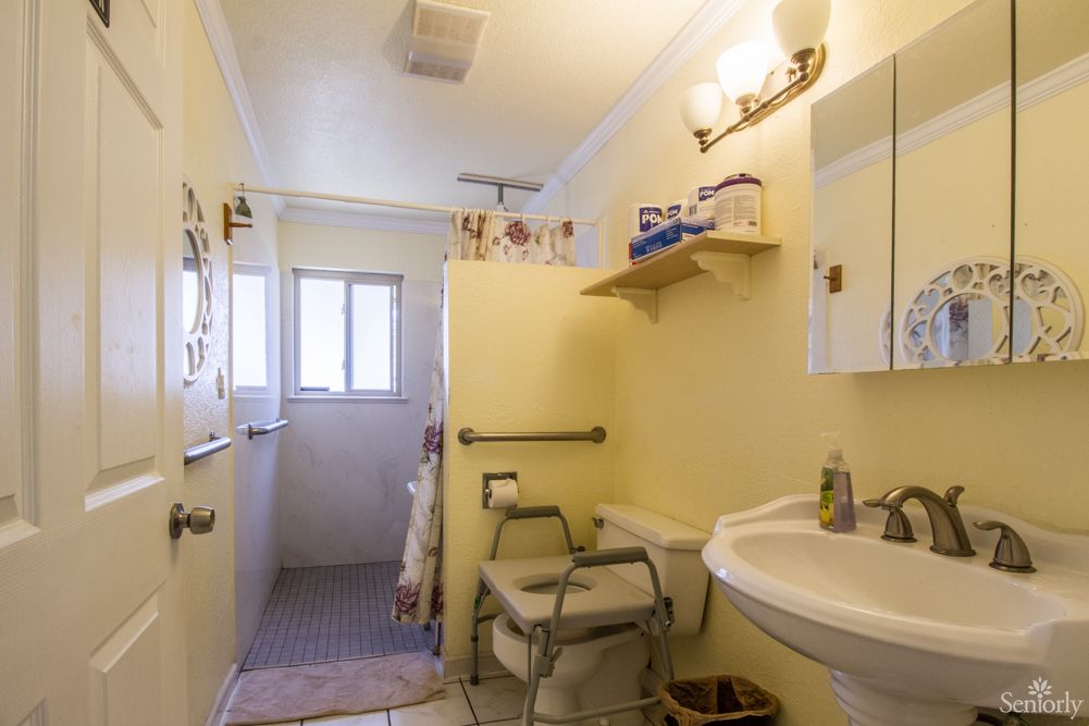 A small bathroom with accessible features, including handrails and a shower.