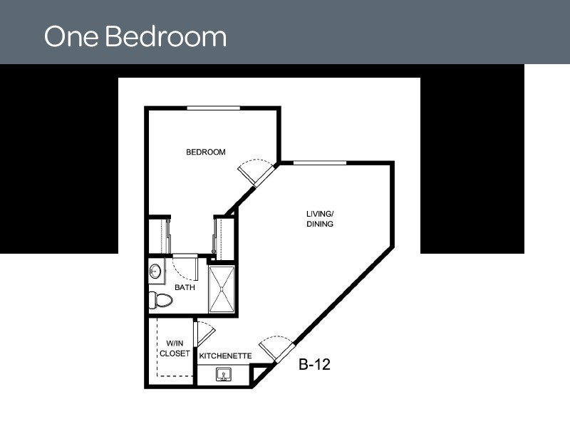 A one-bedroom apartment floor plan showing the layout of rooms including a bathroom, living/dining area, and kitchen.