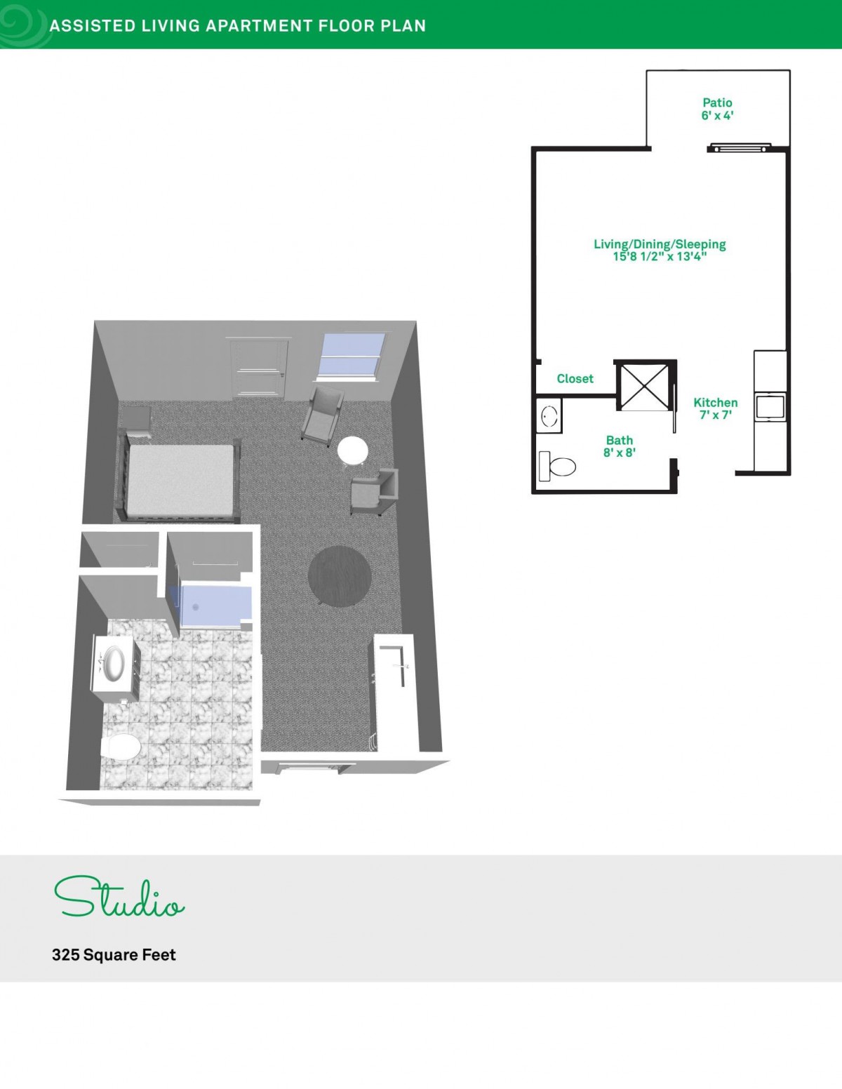 3D floor plan and layout of a studio apartment, highlighting the arrangement of living spaces and amenities.