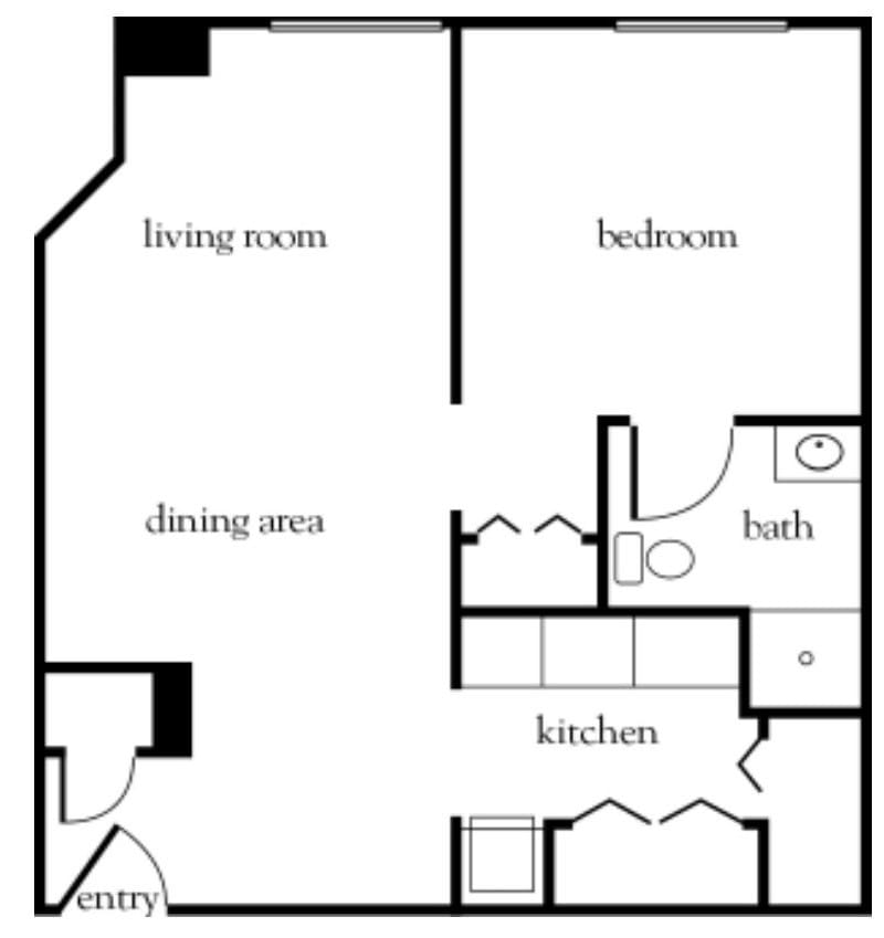 A floor plan of an apartment featuring a living room, dining area, kitchen, bedroom, and bathroom.