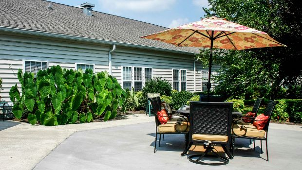 A sunny patio with outdoor furniture, including a table, chairs, and an umbrella, surrounded by lush greenery.