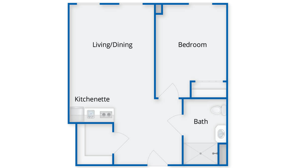 One-bedroom apartment floor plan with living/dining area, kitchenette, bedroom, and bath.