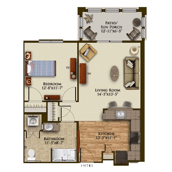 A detailed floor plan of a one-bedroom apartment with a living room, kitchen, bathroom, and balcony.