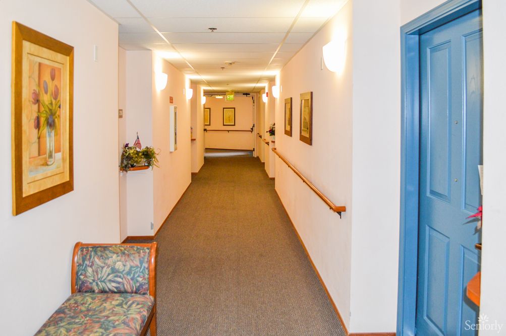 A well-lit indoor hallway with carpeting, paintings on the walls, and handrails.