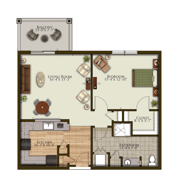 A one-bedroom apartment floor plan with labeled rooms including a living room, kitchen, bathroom, and balcony.