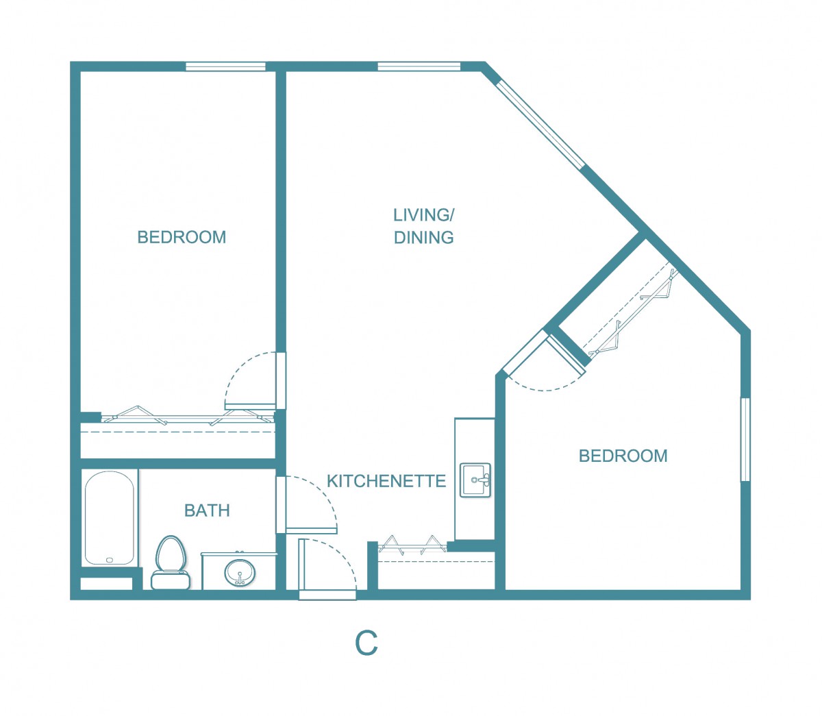 A floor plan showing a two-bedroom apartment with a living/dining area, kitchenette, and bathroom.