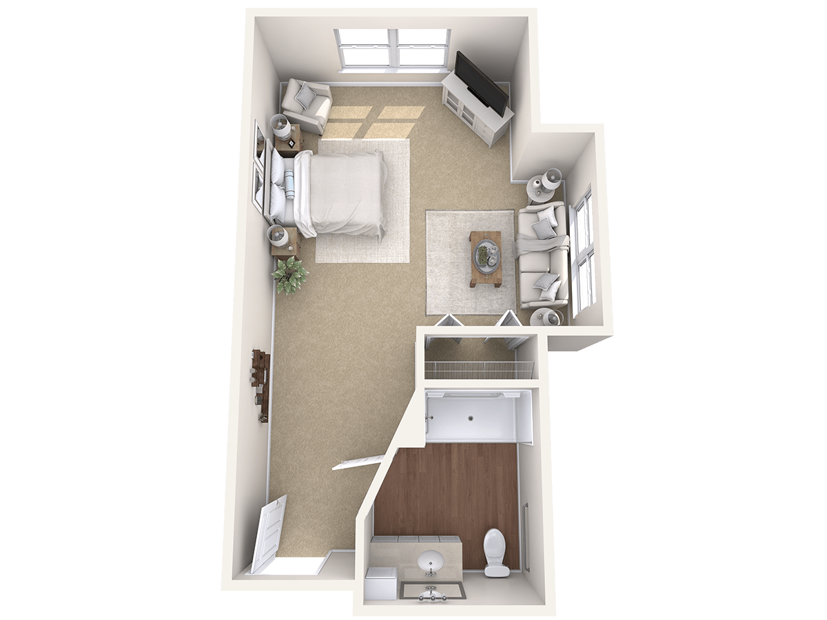 3D floor plan of a studio apartment featuring a bedroom, living area, and bathroom.