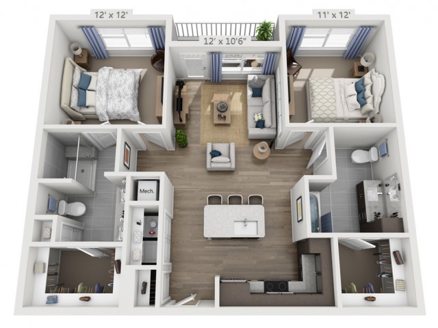 A 3D floor plan of an apartment featuring two bedrooms, a spacious living room, and a modern kitchen.