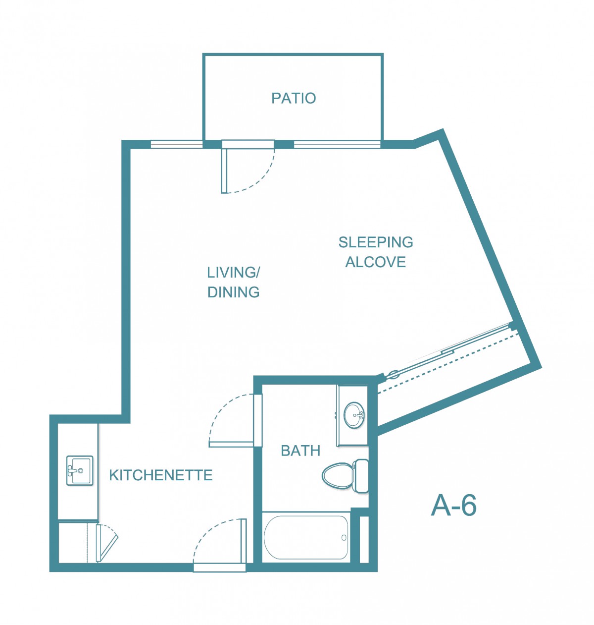 Studio apartment floor plan with living/dining area, kitchen, bathroom, and sleeping alcove.