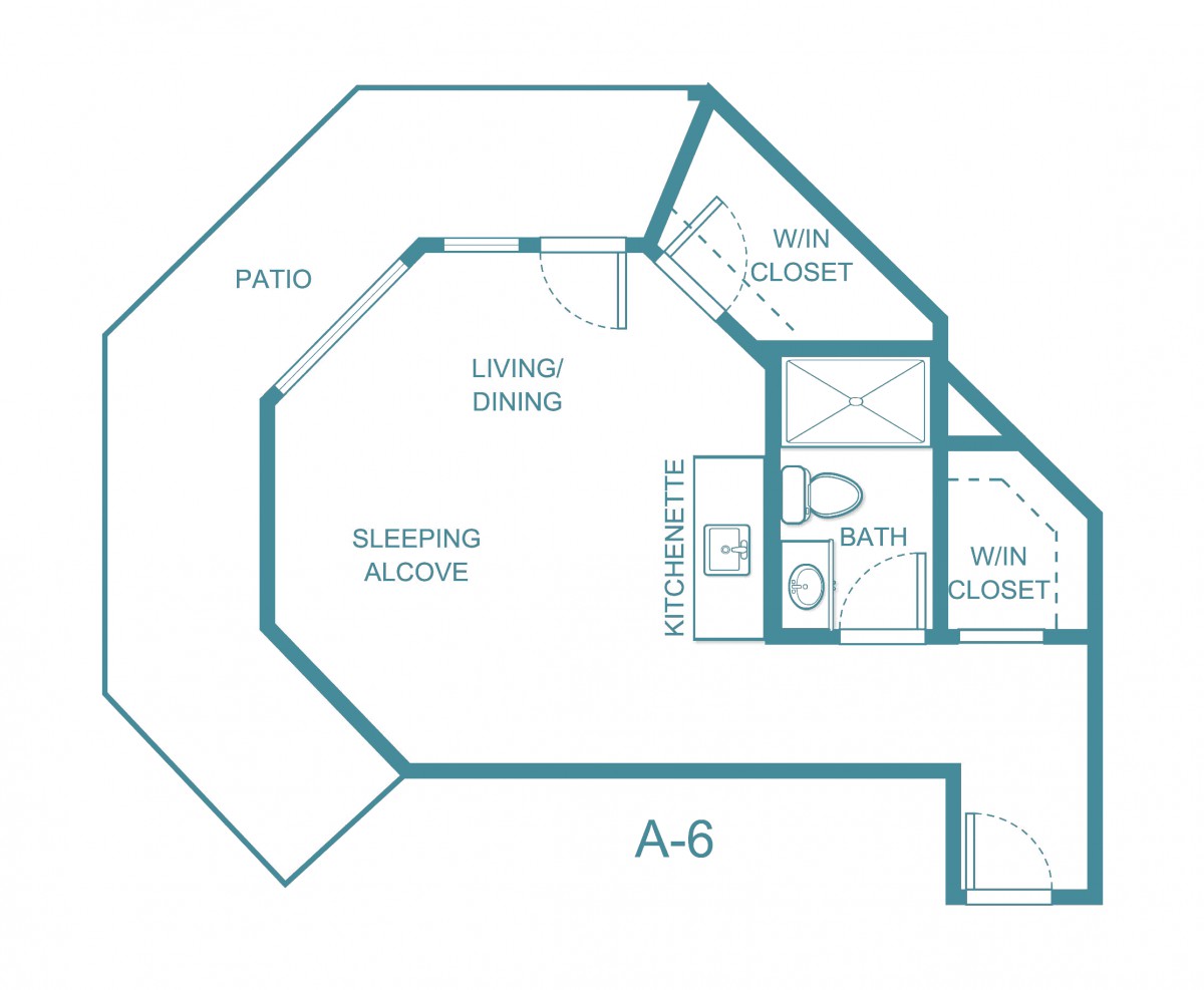 Studio apartment floor plan with sleeping area, living area, kitchen, bath, and patio.