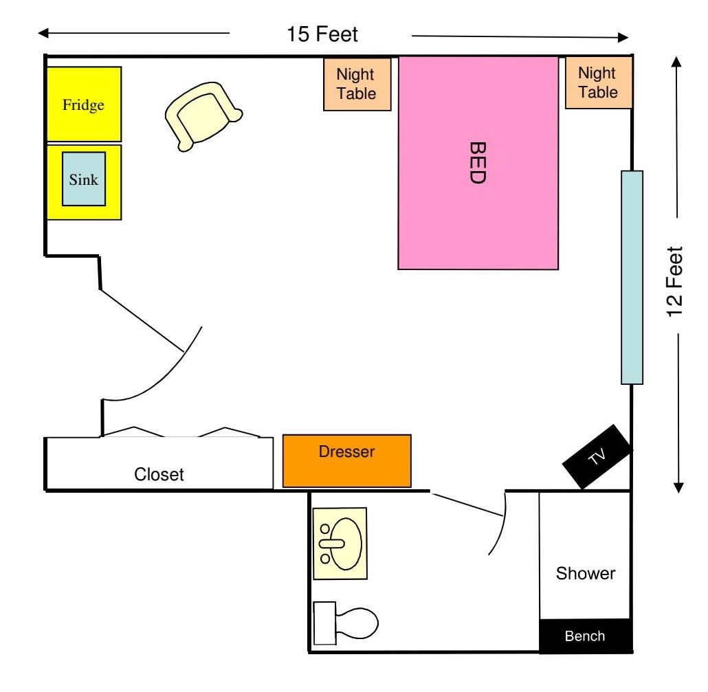 A floor plan of a bedroom showing furniture placement and dimensions.