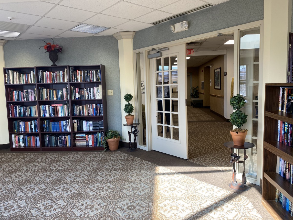 A cozy library entrance with a bookshelf and decorative plants.