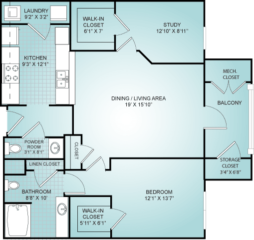 A detailed floor plan of an apartment, showcasing room dimensions and layout.